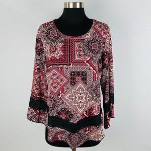 Roz & Ali Multicolor Bohemian Boho Print Women's Petite S Angled Bell Sleeve Top